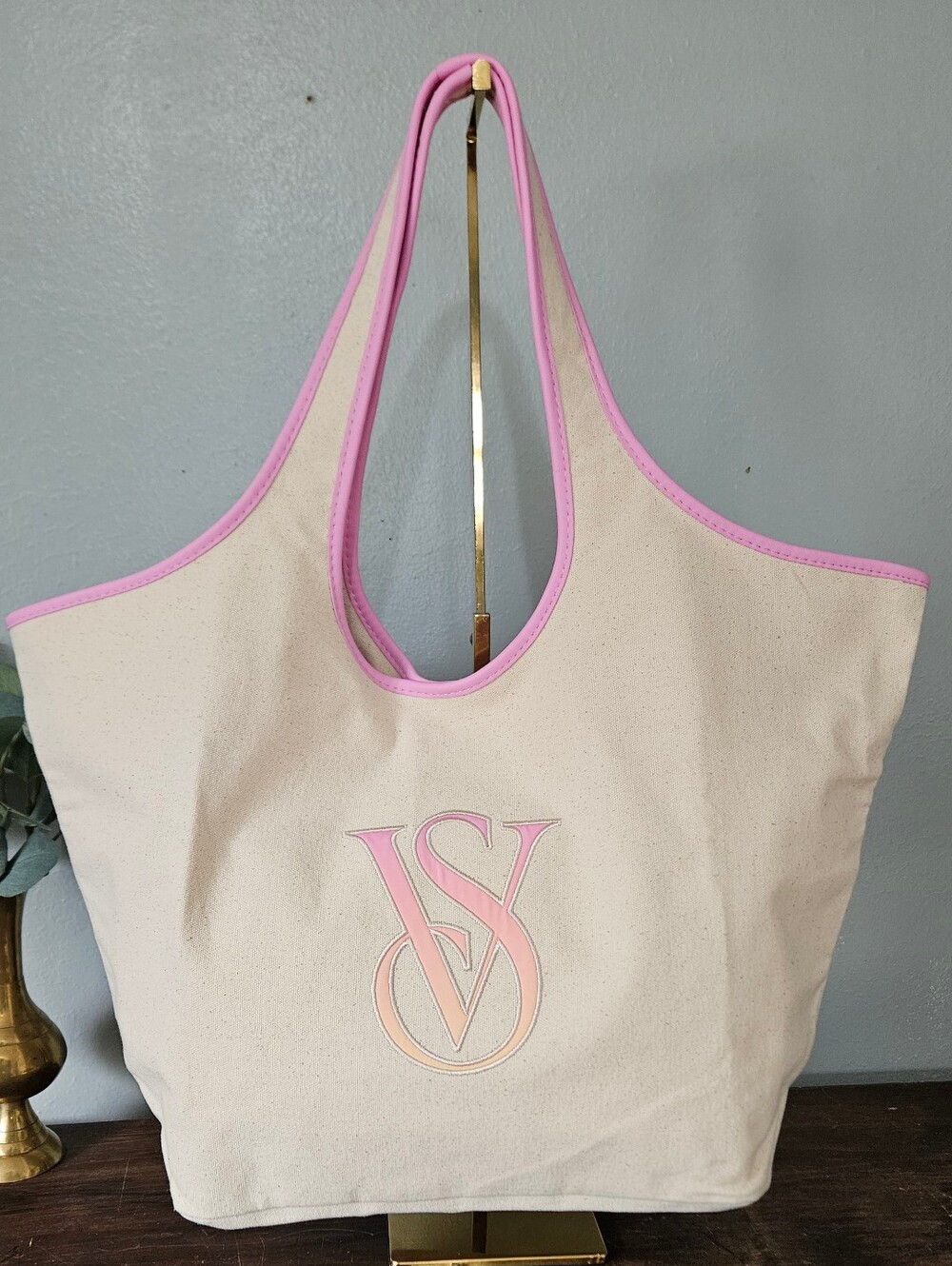Victoria's Secret Beige VS Ombre Monogram Logo 100% Cotton Canvas Tote Bag